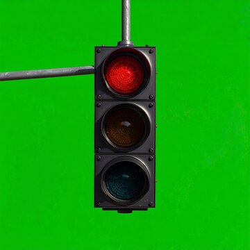 A traffic light with red, yellow, and green lights on green background