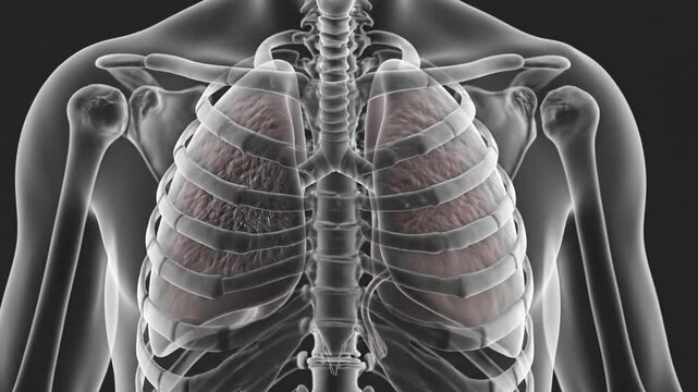 Medical illustration of human lungs and ribcage on a dark background
