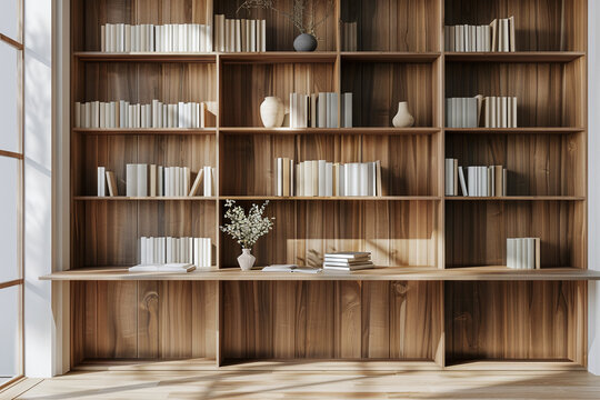 Sunlit bookshelf wall with ledge display, white blossoms and warm wood grid. Elegant interior background for publishing brands, product layouts and remote calls.