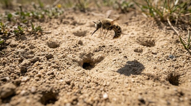 Female bombylius hovering over dry soil to drop eggs into a ground burrow
