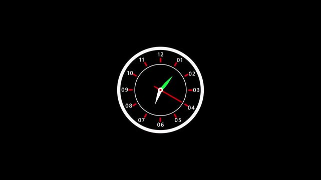 Time lapse of spinning clock animation in 12 Hour time concept on black background.