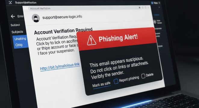 Phishing alert on suspicious email with account verification request