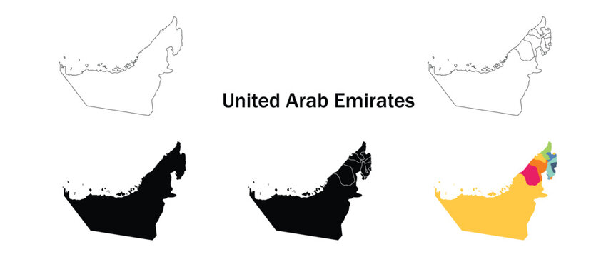United Arab Emirates Map Set &ndash; UAE Regions Colored and Black Silhouette Vector Illustration