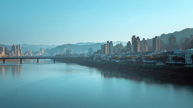 A cinematic 4K aerial view of Bitan in Taipei, where the river flows through green hills and the city, as colorful boats glide calmly across the water.