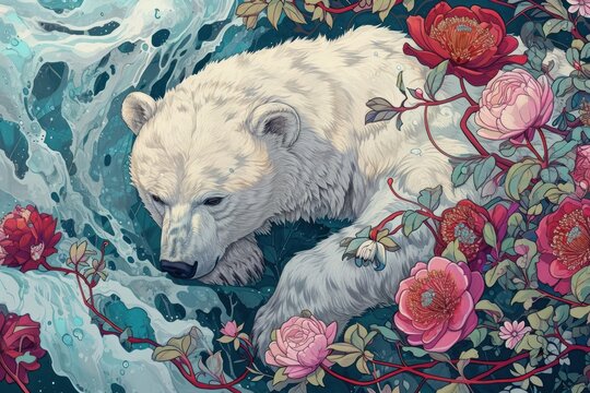 Polar bear and flowers art polar bear painting.