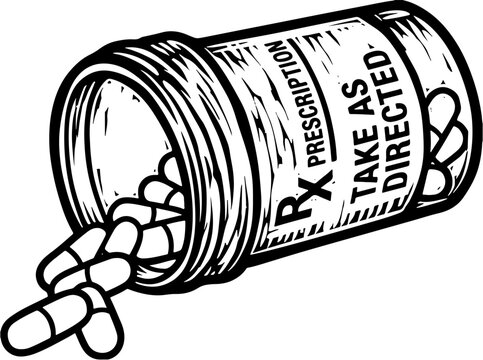 Woodcut style vector illustration of a prescription pill bottle with pills spilling out, labeled 'Rx PRESCRIPTION' and 'TAKE AS DIRECTED'.