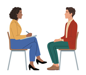 Obraz premium Job interview business scene. Woman sits, jotting notes, attentive to interviewee. Man sits calmly, facing her, poised for conversation. Both dressed professionally, in a clean, simple setting.