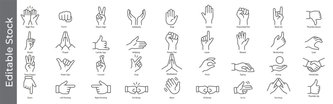 Hand gesture and sign language icon set &ndash; editable outline symbols of communication, greeting, approval, pointing and body language