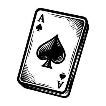 Woodcut style vector illustration of a stack of Ace of Spades playing cards with a black and white color scheme and decorative lines on the edges, isolated on a white background.