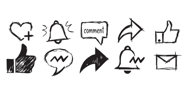 Hand Drawn Social Media Icons and Symbols on White Background