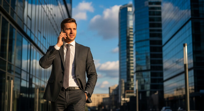 Young adult man in suit talks on smartphone in a modern city street with skyscrapers, symbolizing urban business, professional communication. Free space for text, mockup