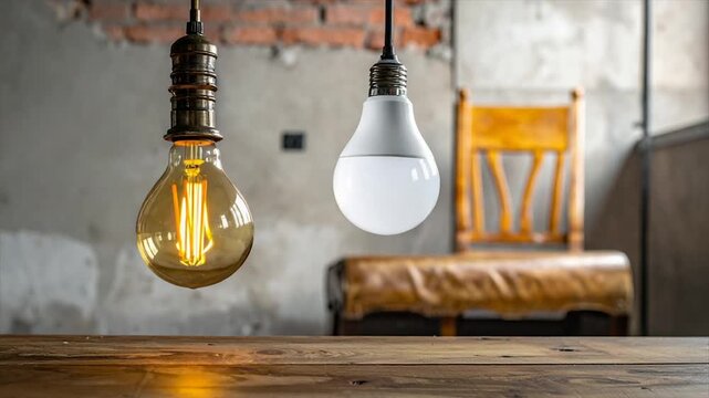 Two pendant light bulbs illuminate a rustic setting a wood table, chair and brick wall