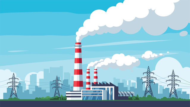Flat vector illustration of a industrial power plant with cooling towers and electrical transmission lines.