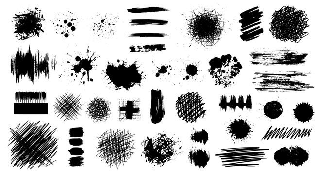 Doodle marks hand drawn set with black ink splatters and scribbles featuring grunge, abstract, art with design and vector elements for illustration,