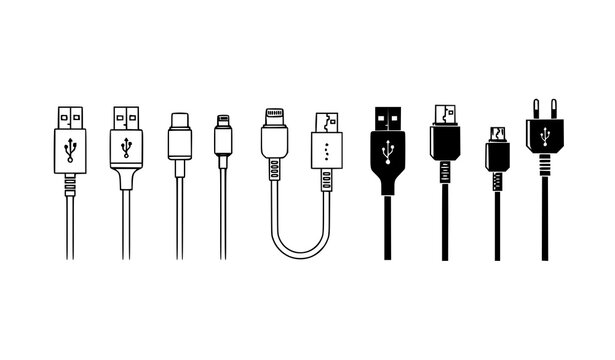 Charging cable and plug icon set vector with USB USB C lightning and power connectors in outline and solid styles isolated on white