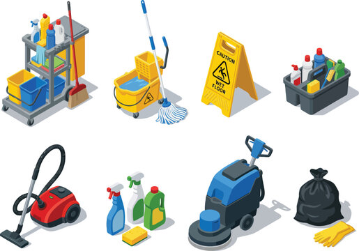 Cleaning tools and equipment vector set, janitor trolley mop vacuum and supplies isometric illustrationc