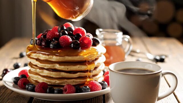 Stack of pancakes with berries and syrup served with coffee