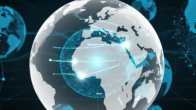 Digital globes floating in a network, representing global communication and technology