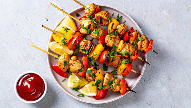Grilled chicken souvlaki skewers with bell peppers and lemon appetizer barbecue souvlaki