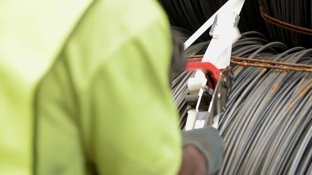 Worker securing steel wire coil load with ratchet strap