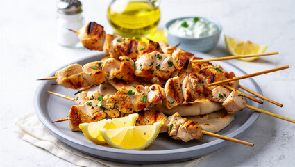 Delicious grilled chicken souvlaki skewers with pita bread and tzatziki souvlaki tzatziki © Fx Studio
