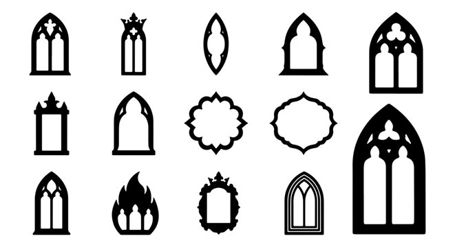 Gothic window silhouettes set, 14 medieval church arch icons, black cathedral window frames, antique architectural design elements for vector graphics