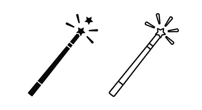Two black and white illustrations depicting magic wands with sparkling star tips