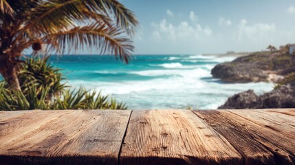 Fototapeta premium Wooden table with ocean and palm trees backdrop