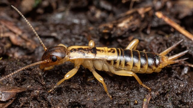 Detailed macro view of an earwig with segmented tail crawling on damp soil