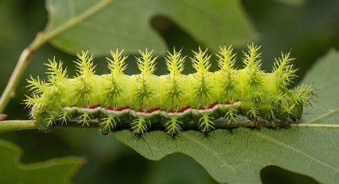 Bright green venomous caterpillar with stinging scoli and a red lateral stripe crawling on foliage