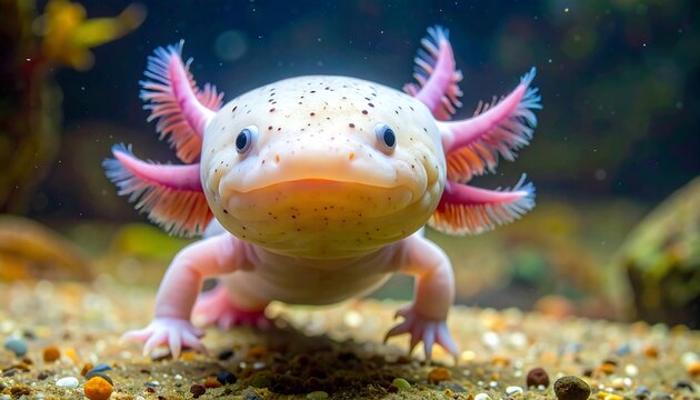 A close-up photo of an axolotl with pink gills