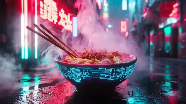 Noodles in a bright neon street at night with steam rising and chopsticks resting on the bowl