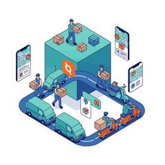 Isometric Logistics and Delivery Network with Vehicles and People. © f collection
