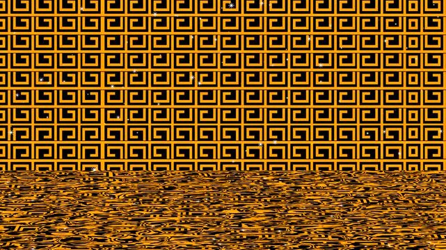 Patterns and reflections on a surface with a Greek key design under bright light