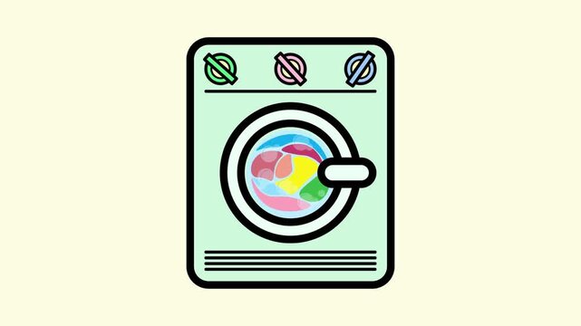 4k footage animation of Laundromat and front-loading washing machine with colorful clothes spinning in the drum. Footage of front loading washing machine