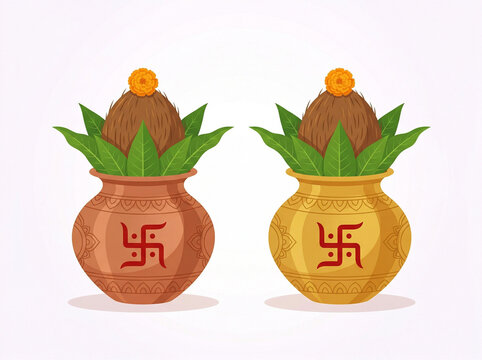 traditional indian kalash pots vector illustration with coconut mango leaves and marigold for festival puja diwali wedding design