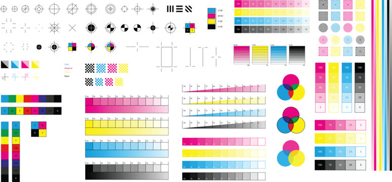 Collection of printing test charts and color calibration elements on a transparent background.