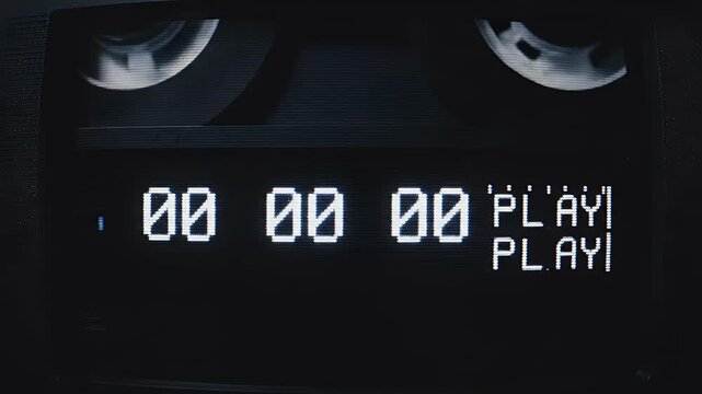 Old television screen displays "REWIND" with static and color bars