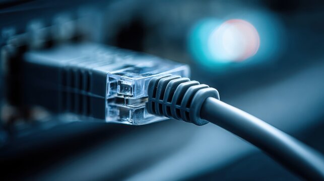 Close-up of a blue-tinged Ethernet port with a grey network cable neatly plugged in, showcasing digital connectivity.