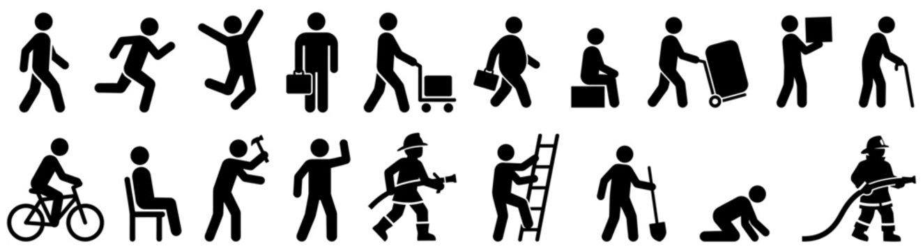 A collection of diverse pictogram icons depicting various human activities and professions including cycling walking working and emergency services person silhouette activity