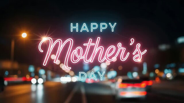 Happy mothers day neon sign text on a blurred night city street background