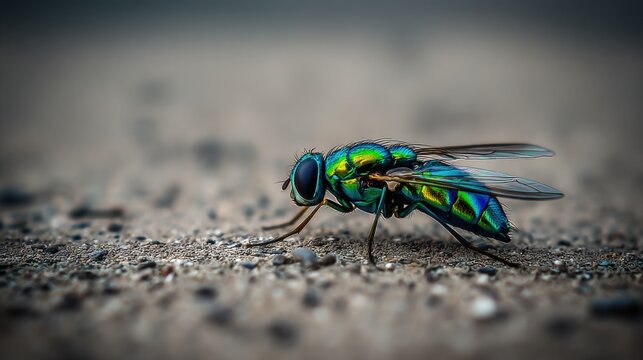 Iridescent green and blue housefly lands on textured ground in a detailed macro shot.