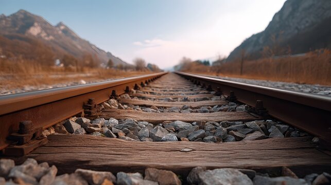 Railway tracks recede through a vast natural mountain landscape under a muted sky symbolizing a long journey
