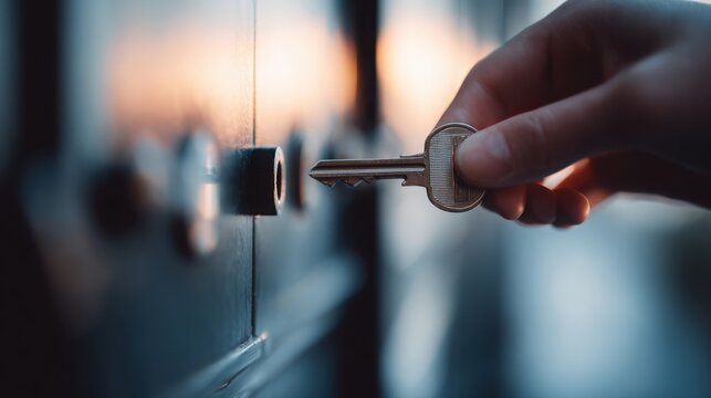 Hand holding key in sharp focus, multiple doors blurred in background, soft light, minimal composition, concept of choice and opportunity