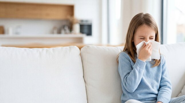 Child sneezing and blowing their nose into a white handkerchief, allergy symptoms with nasal congestion and swelling, hypoallergenic concept, discomfort from reaction to animals, dust, plants, or chem