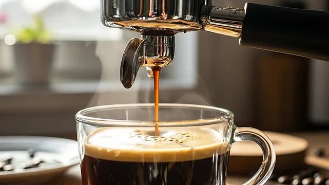 Freshly brewed beverage pouring into a clear glass cup, creating a delicious morning drink