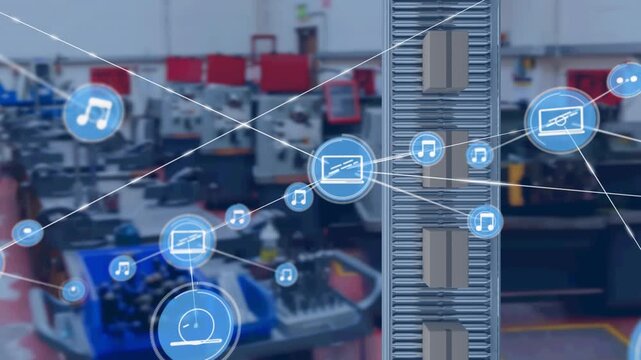 Animation of networks of connections and icons over boxes on conveyor belts in warehouse