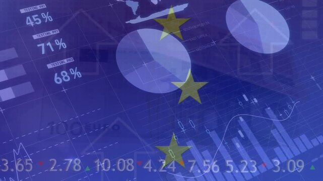 Animation of diverse financial data and graphs over european union flag and euro banknote