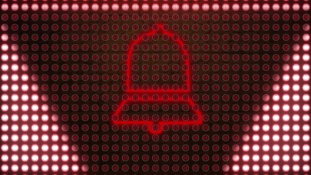 Animation of neon bell with triangle over red and white dotted background