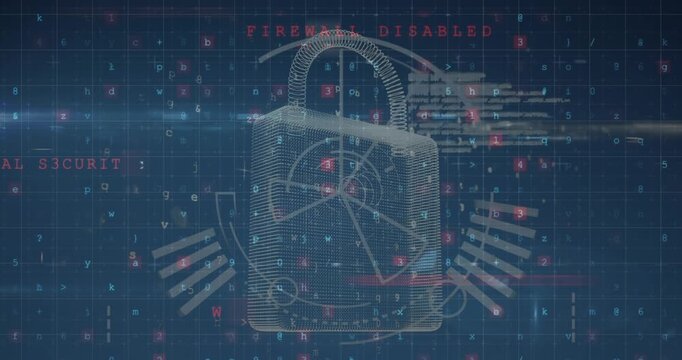 Animation of security padlock over data processing on dark background